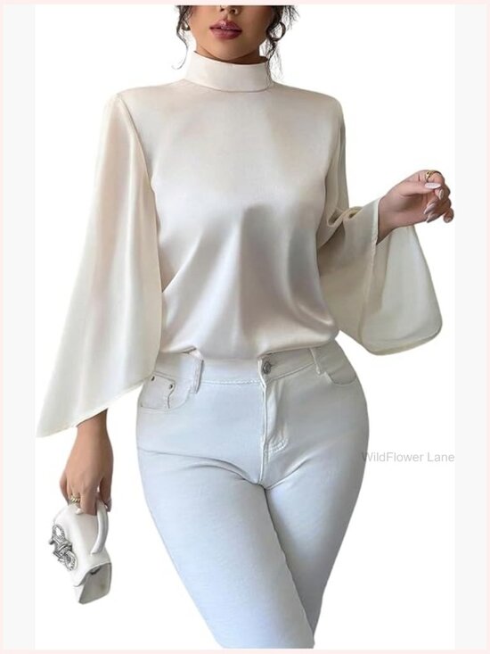 Tops - Elegant Flounce Sleeve Blouse Top Satin Mock Neck Business Casual Shirt